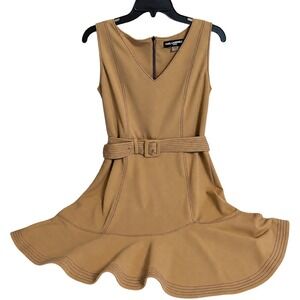 Karl Lagerfeld Fit & Flare Dress W 10 Tan NWT Belted Contrast Stitch LD4ECE01